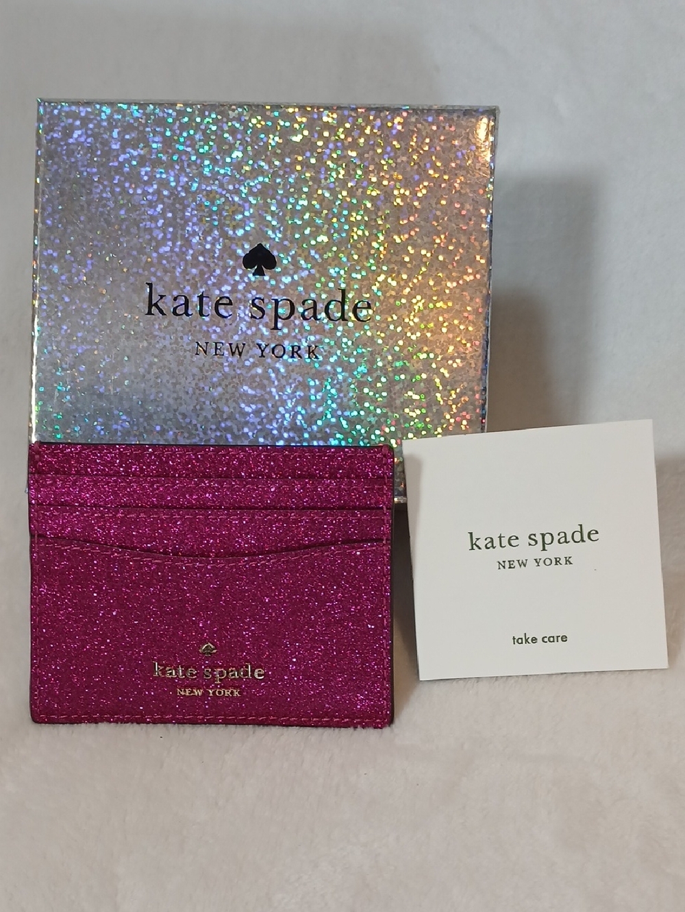 Kate Spade Lola  Hot Pink Glitter Card Case with Gold Logo NWOT